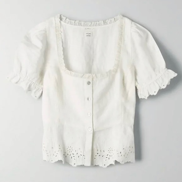 New Aritzia Wilfred Arwen White Linen Embroidered Peplum Summer Blouse Sz 2 - Picture 4 of 11